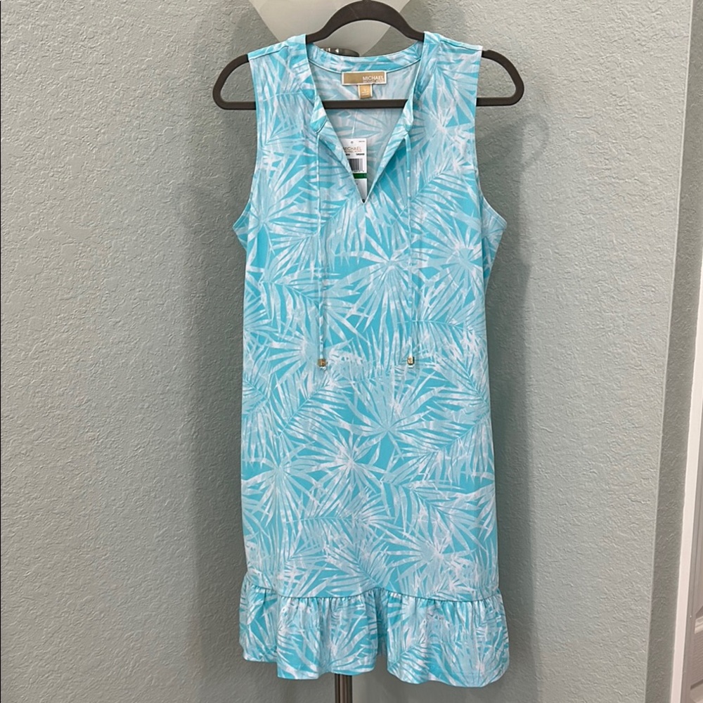 Michael Kors Tropical Sleeveless Dress with Ruffle Hem. Turquoise Size L. NWT
